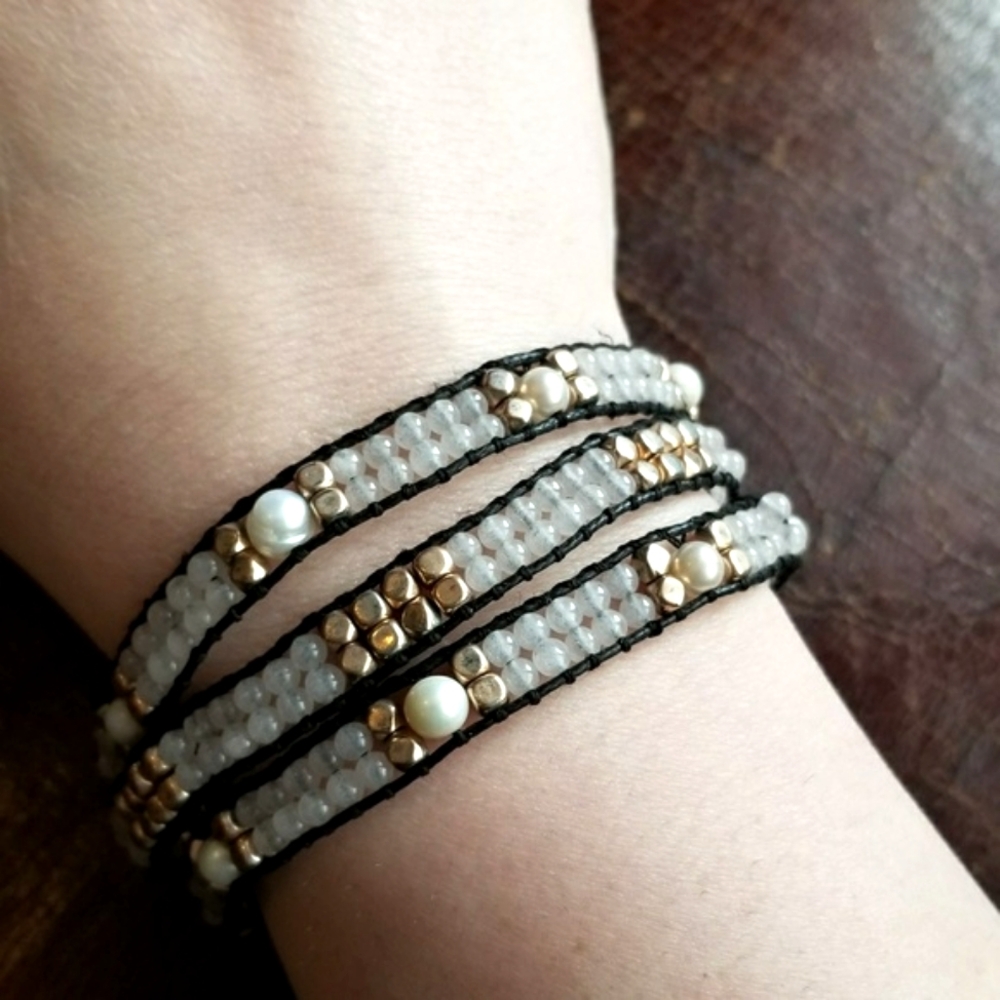 Beaded bracelet with real pearls gold tone three row 3 boho bohemian wrap look